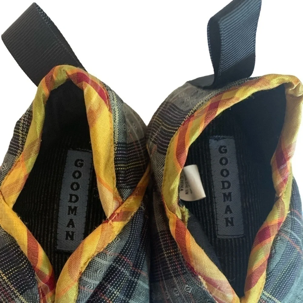Goodman Baby Green Black Gold Plaid Leather Suede Bottom Sole Slippers Size BXS